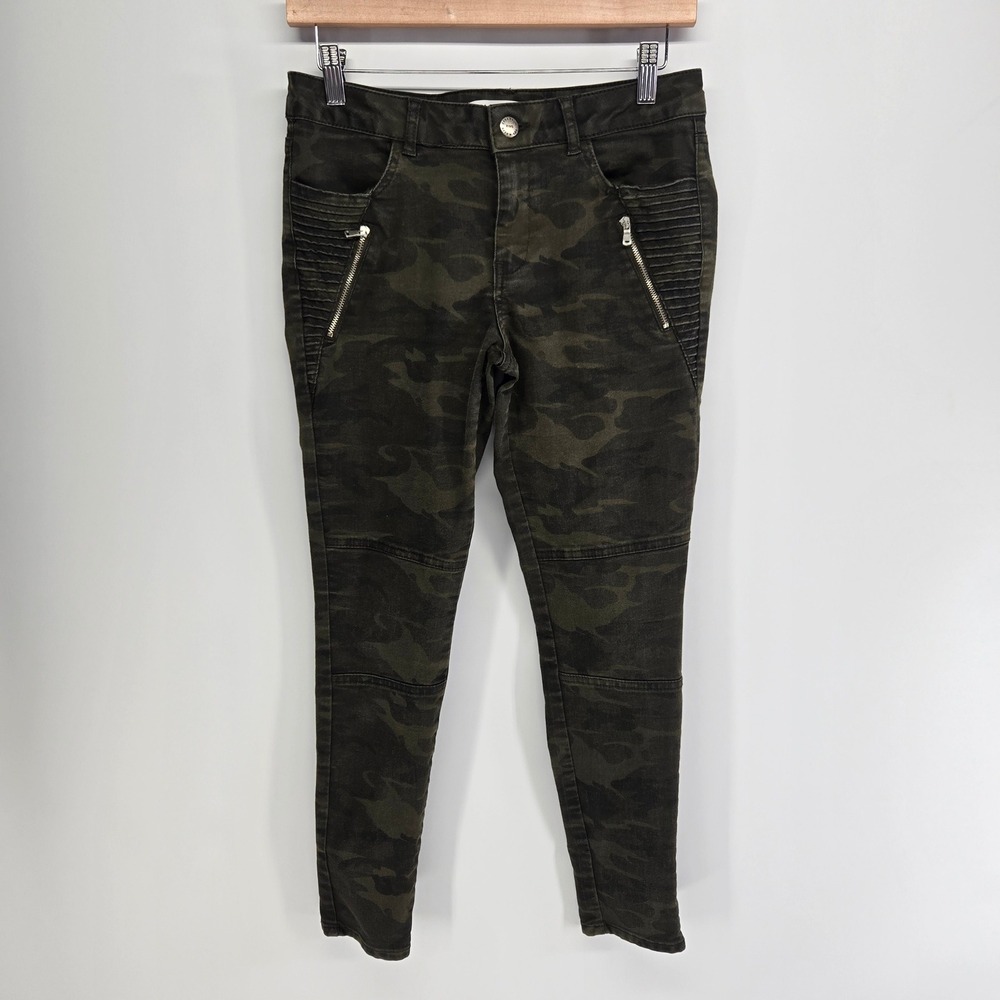 Zara Pants Women 6 Green Camo Moto Skinny Z1975 Denim Biker Ribbed Zipper Edgy